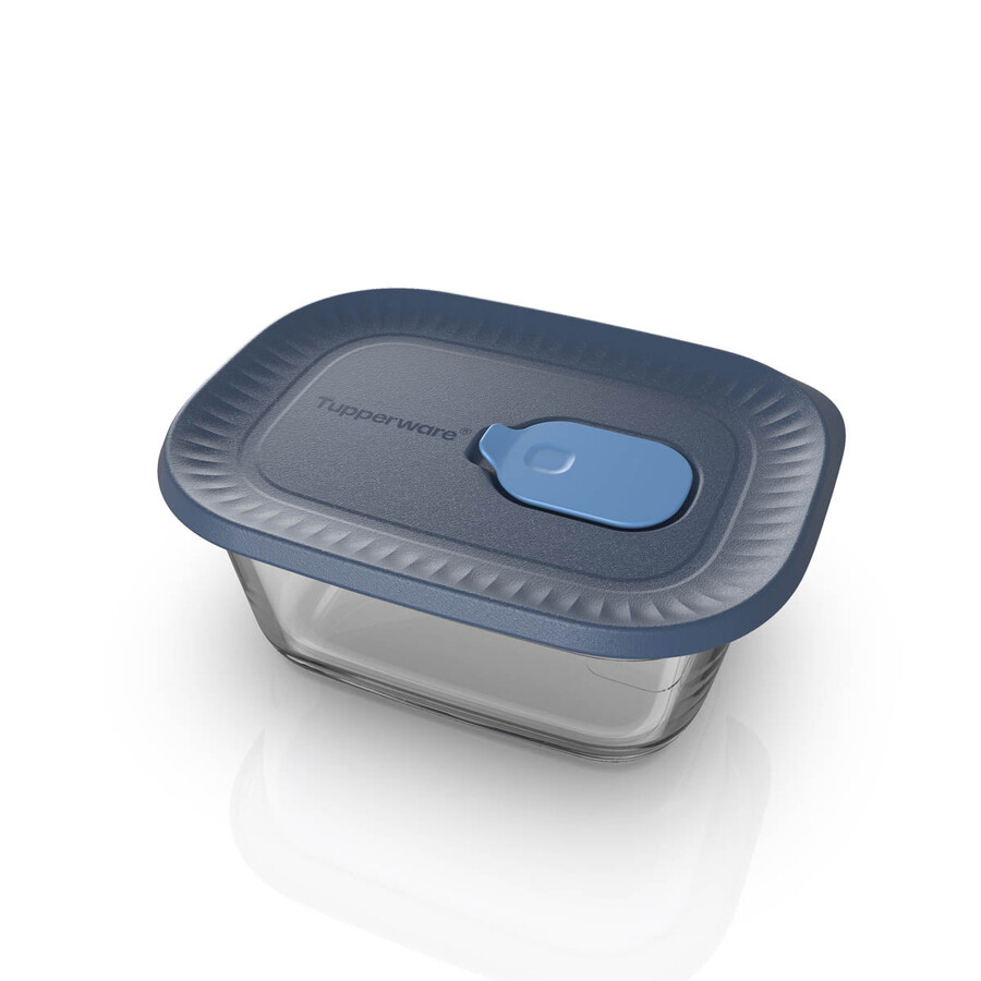 tupperware voila glazen voedselbewaarcontainer rechthoekig mini donkergrijs en blauw deksel