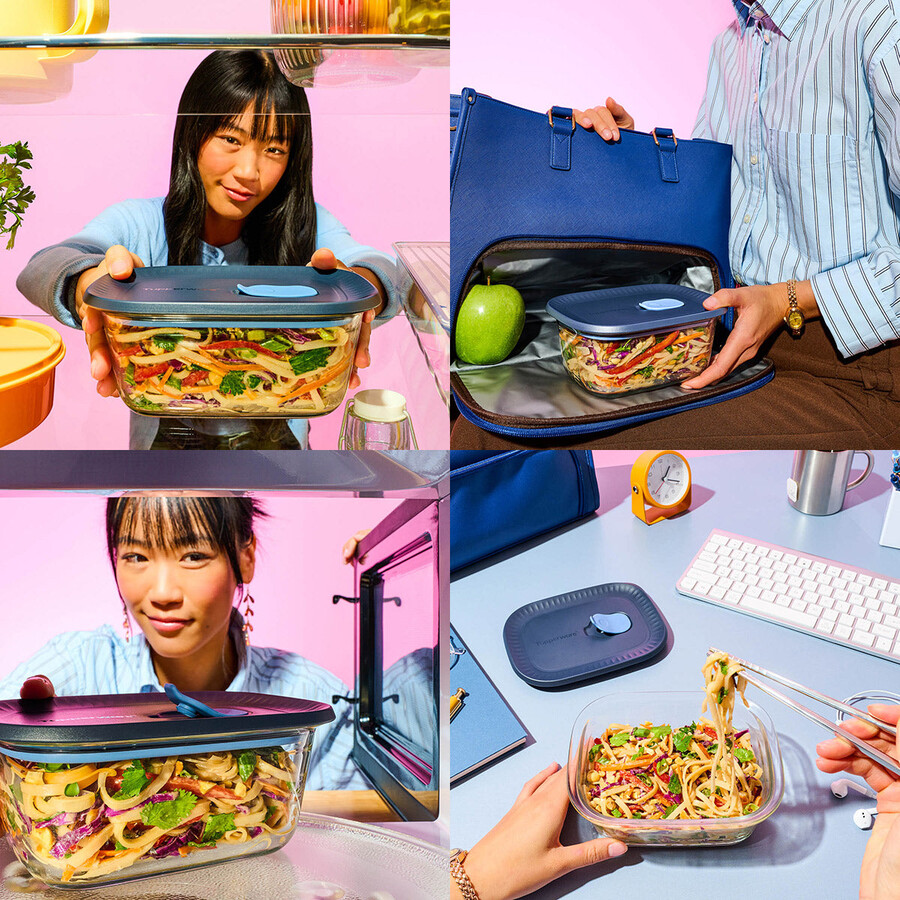 tupperware voila glazen voedselbewaarcontainer rechthoekig mini donkergrijs en blauw deksel