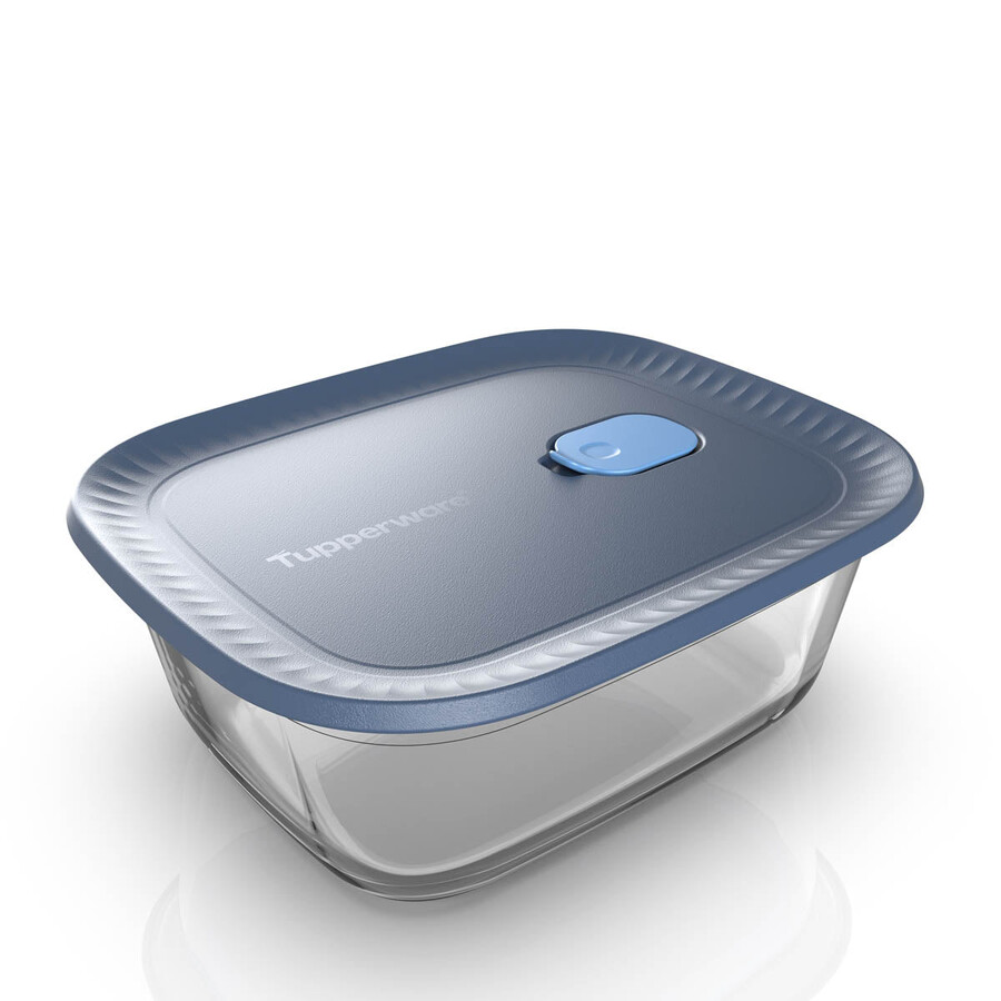 tupperware voila glazen voedselbewaarcontainer rechthoekig groot donkergrijs en blauw deksel
